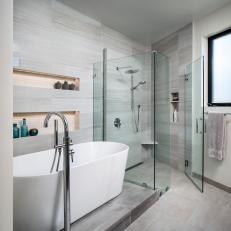 Gray Modern Master Bathroom With Niches