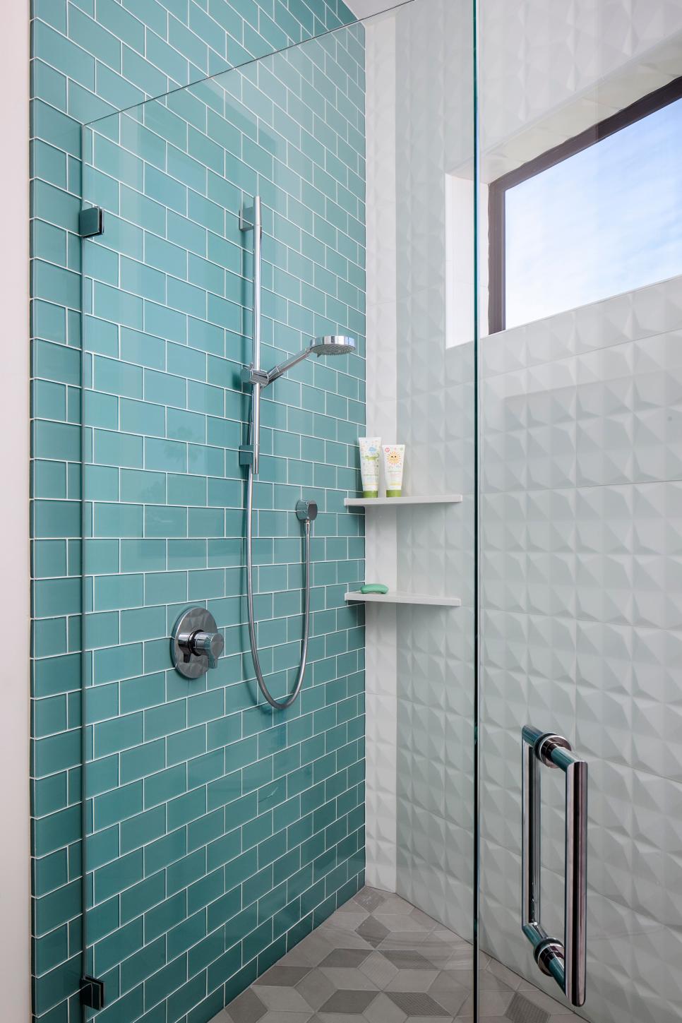 Triangular Walk-In Shower in Kids Bathroom | HGTV