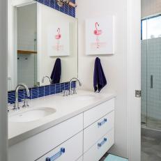 Blue and White Kids Bathroom With Flamingo