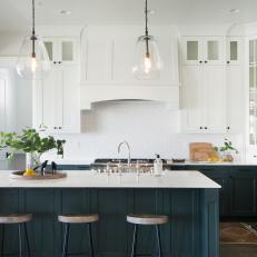White Chef Kitchen With Green Lower Cabinets
