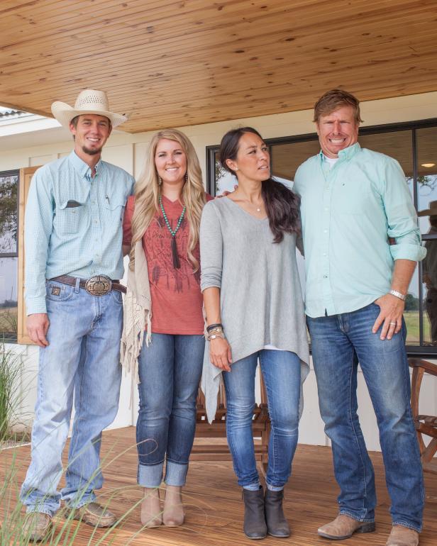 The Zan family on the porch of their newly remodeled house with hosts Chip and Joanna Gaines, as seen on Fixer Upper.