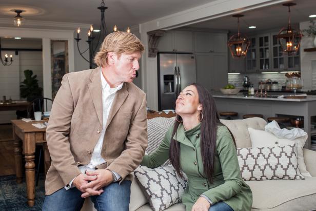 Chip and Joanna Gaines in the Ward's newly remodeled living room, as seen on Fixer Upper. (After)