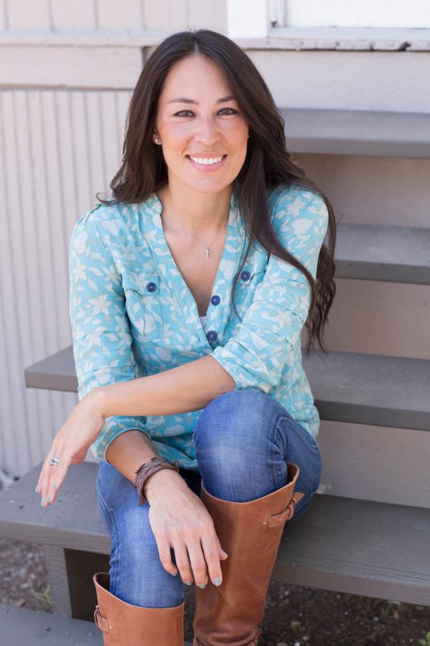 Portrait of Host Joanna Gaines on the back steps of the Hendricks' renovated home, as seen on HGTV's Fixer Upper. (camera aware)