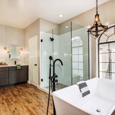Large, Warm Master Bathroom with Neutral Color Palette