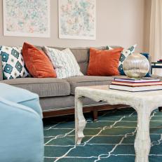 Gray Living Room With Blue Diamond Rug