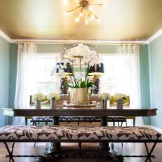 Blue Transitional Dining Room With Floral Bench
