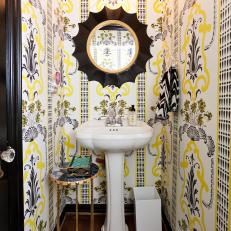 Eclectic Powder Room With Bold Wallpaper