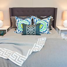 Gray Transitional Bedroom With Aqua Pillow