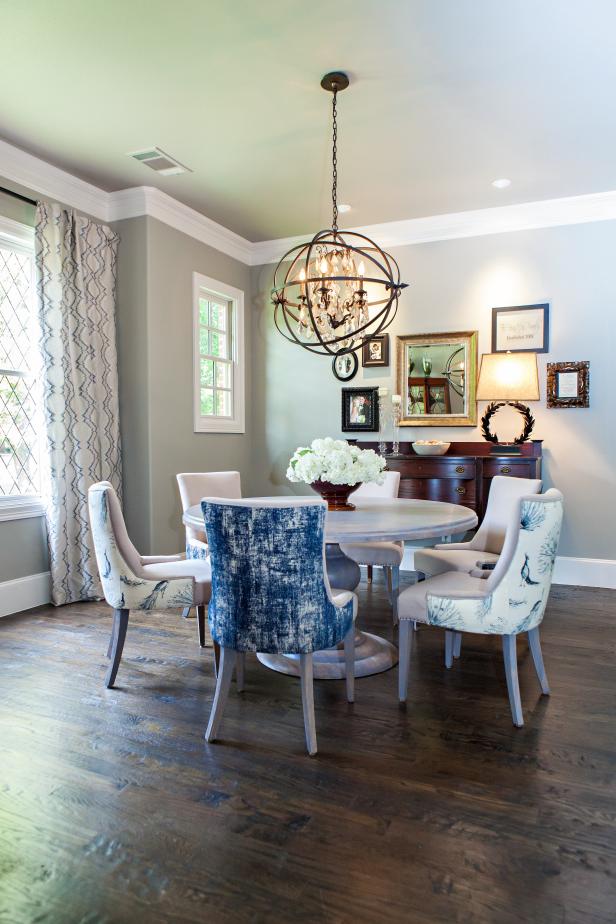 Traditional Dining Room With Blue Upholstered Chairs | HGTV