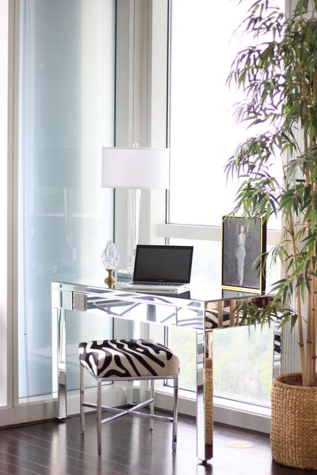Elegant Window Niche with Mirrored Desk and Zebra Print Stool