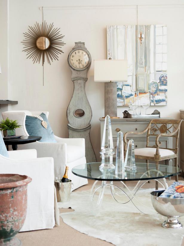Light and Airy French-style Room with Glass-top Table and Crystal Obelisks