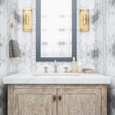 Stylish, Neutral Powder Room With Textured Wallpaper