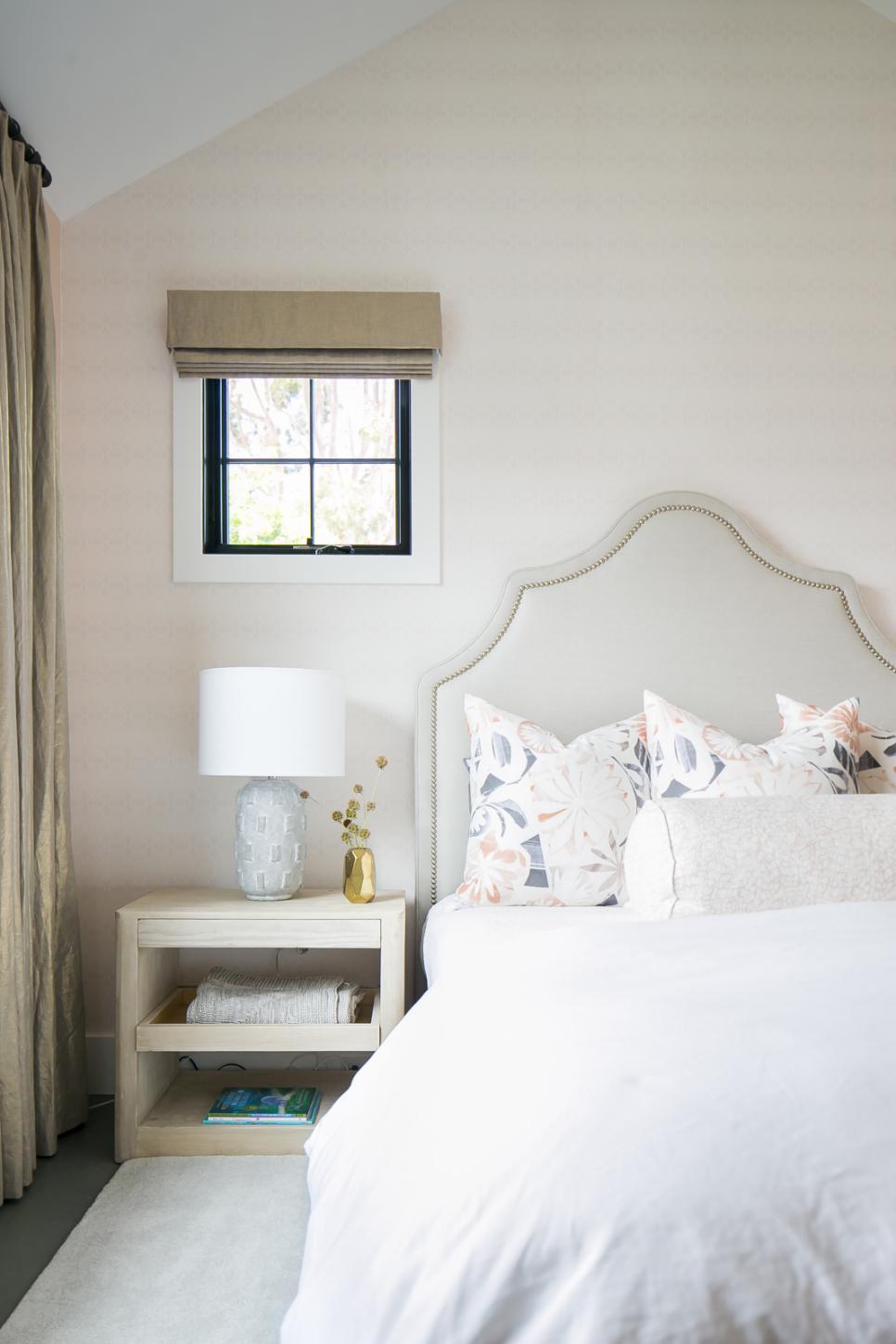 bedroom headboard neutral warm pull gray hgtv nightstand arch tray light farmhouse modern