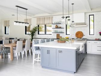 White Open Plan Kitchen With Gray Island