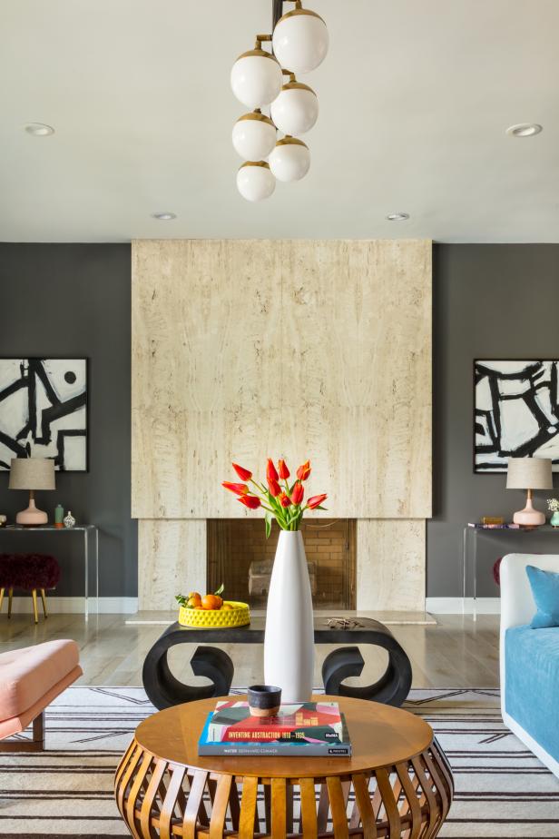 Midcentury Modern Light Fixture in Bold Living Room | HGTV