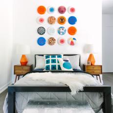 Neutral, Masculine, Eclectic Teenage Boy's Room with Bold Pops of Color