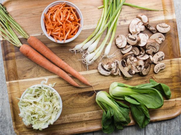 Bamboo shoots, shredded carrots and cabbage, mushrooms and bok choy.