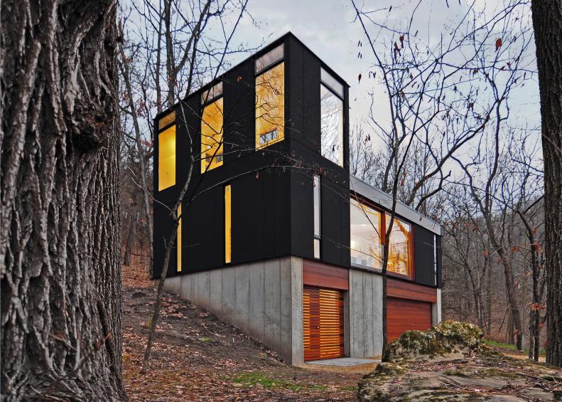 This entirely unexpected modern cabin in Muscoda, Wisconsin is even more arresting for its striking black exterior. The vacation home is featured in Phaidon's tribute to the history and modern examples of black clad architecture, Black: Architecture in Monochrome.
