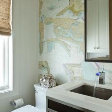 Coastal Powder Room With Map Wallpaper
