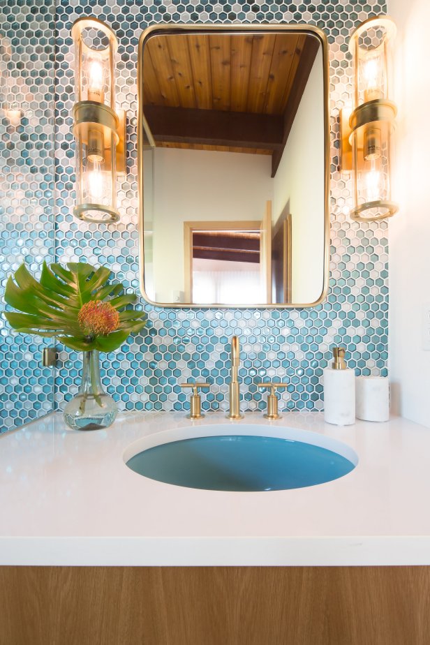 Powder Room With Blue Sink
