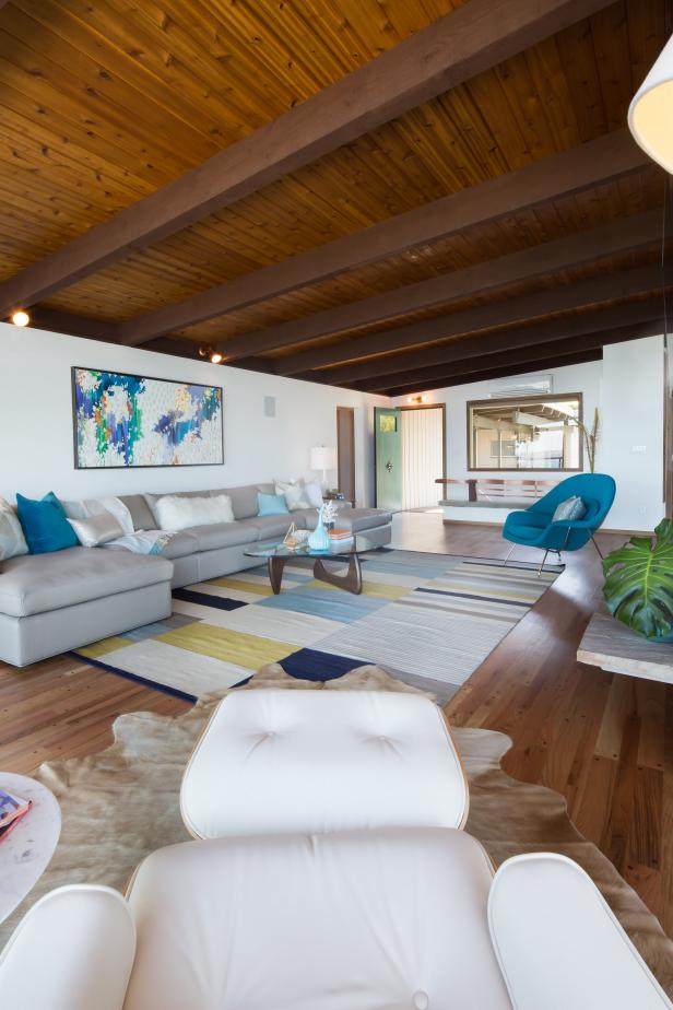 Midcentury Living Room With Exposed Beams HGTV