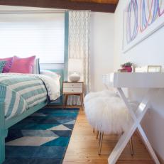 Blue Midcentury Modern Bedroom With Furry Stools