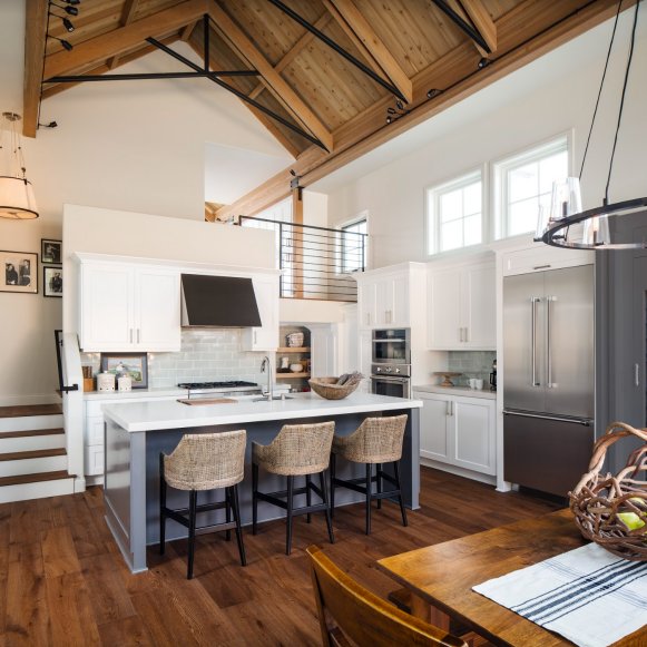 Open Kitchen With Vaulted Wood Ceiling