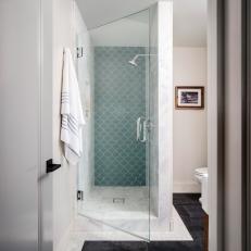 Small Bathroom With Blue Tiled Walk-In Shower
