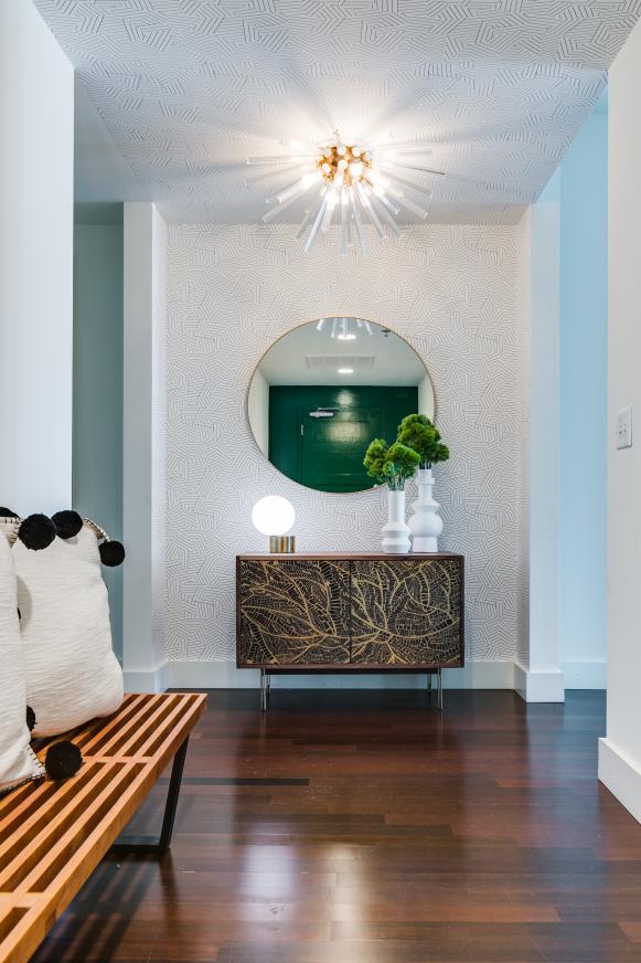 Midcentury Foyer With Round Mirror