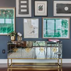 Gray Gallery Wall and Mirrored Cabinet