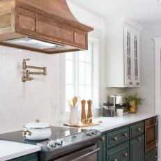 Contemporary White Kitchen with Brown Vent Hood