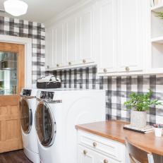Contemporary Laundry Room with Black and White Plaid Wallpaper 
