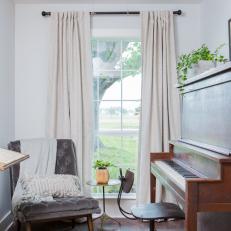 White Rustic Music Room with Brown Antique Piano 