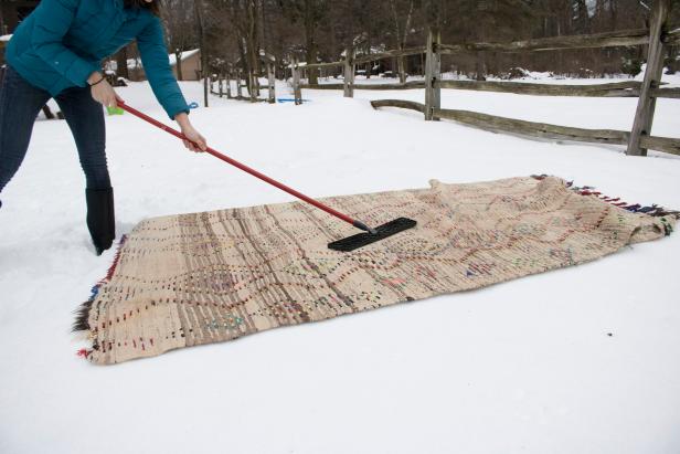 How to clean vintage, high-pile rugs using snow.