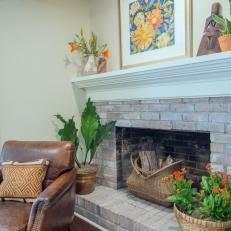 Rustic Neutral Family Room with White Brick Fireplace 