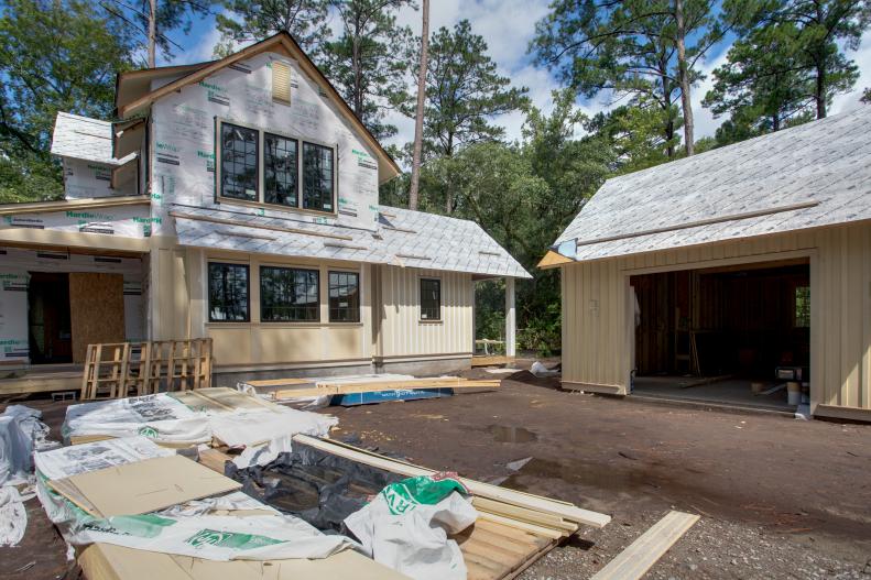 The future driveway is covered with siding to be installed on the HGTV Smart Home 2018 in Palmetto Bluff, SC.