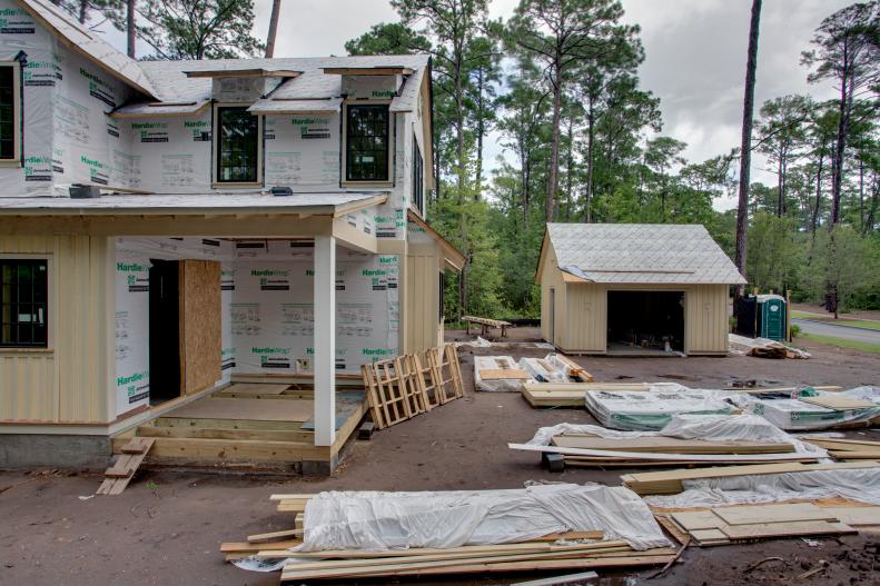 Exterior construction is progressing at the HGTV Smart Home 2018 in Palmetto Bluff, South Carolina as framing is complete and prepped for entry doors and exterior trim.