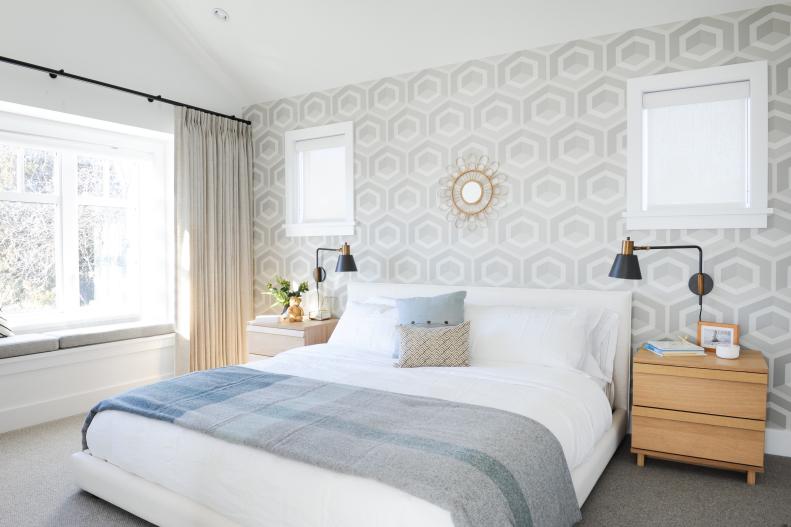 Contemporary Bedroom With Graphic Wallpaper