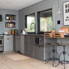 Contemporary Kitchen with Gray Shiplap Walls 