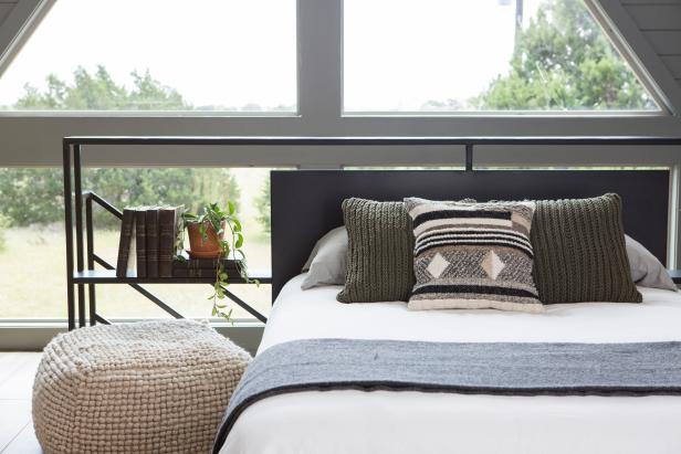 Contemporary Gray Bedroom with a Neutral Ottoman | HGTV
