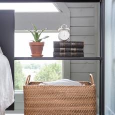 Contemporary Gray Bedroom with Black Bookshelf 