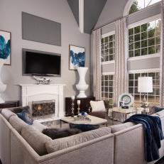 Gray and Blue Art Deco Living Room With Sectional
