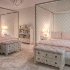 Pink Girl's Bedroom With Tufted Bench