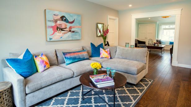 Transitional Living Room With Blue Patterned Rug | HGTV