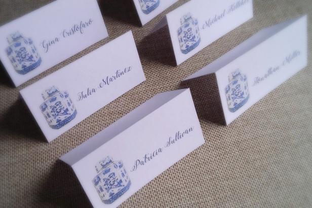 Close Up of Place Cards With Ginger Jar Design and Guest Names