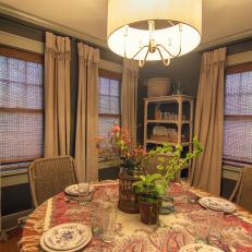 Rustic Blue Dining Room with Neutral Canvas Curtains 