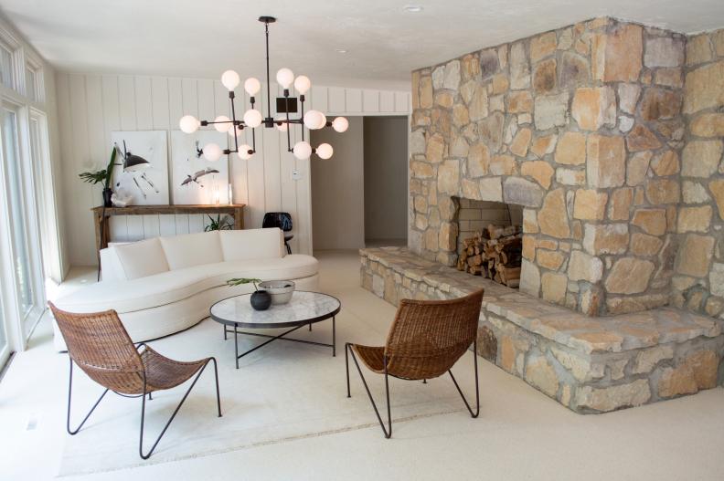 As seen on Restored by the Fords, the renovated interior living room of the Collins House featuring new centerpieces