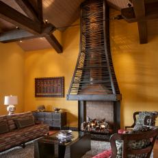 Dramatic Rebar Fireplace Highlights Scale of Large Living Room