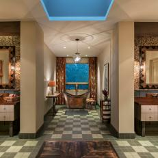 Warm Master Bathroom Features Wood Elements, Skylight
