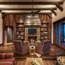 Family Room Feature Wall Showcases Reclaimed Wood, Stone, Zinc